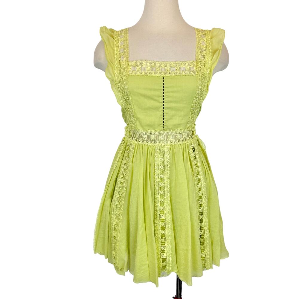 Free People Fp One Verona Mini Dress Cotton in Lime M Square Neck Ruffle Sleeve